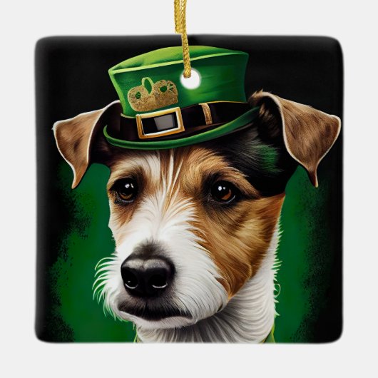 Jack Russell Dog in St. Patrick's Day Dress Keramikornament (Vorderseite)