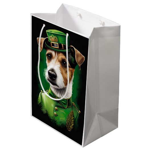Jack Russell Dog in St. Patrick's Day Dress Mittlere Geschenktüte (Rückseite Schrägansicht)