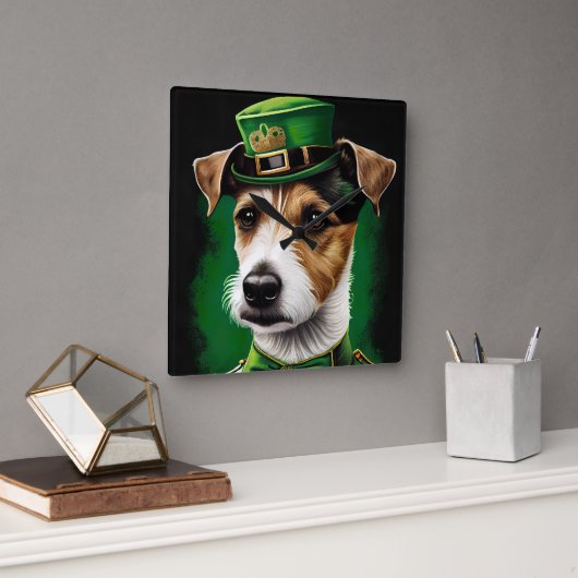 Jack Russell Dog in St. Patrick's Day Dress Quadratische Wanduhr (Büro)