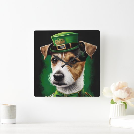 Jack Russell Dog in St. Patrick's Day Dress Quadratische Wanduhr (Zuhause)