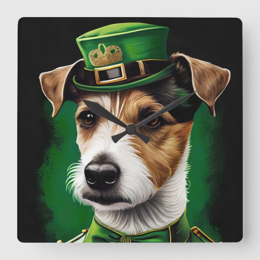 Jack Russell Dog in St. Patrick's Day Dress Quadratische Wanduhr (Vorderseite)