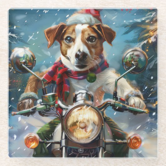 Jack Russell Dog Riding Motorrad Weihnachten Glasuntersetzer (Vorderseite)