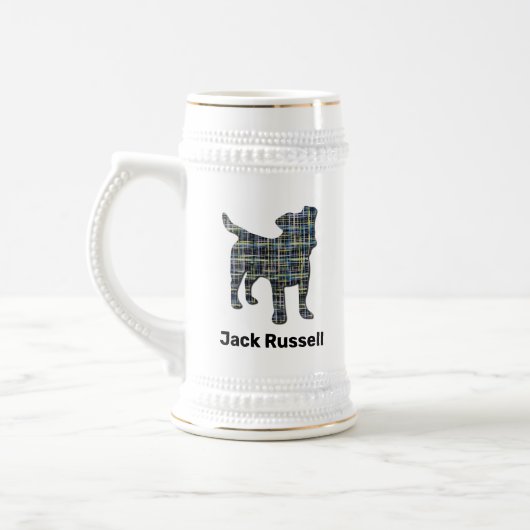 Jack Russell Dog Silhouette Gelb & Schwarz Grid Bierglas (Links)