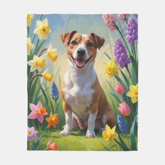 Jack Russell Dog Spring Flowers Malerei Fleecedecke (Vorderseite)