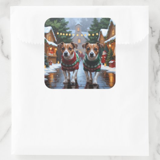 Jack Russell Dogs Christmas Snow Holiday Quadratischer Aufkleber (Tasche)