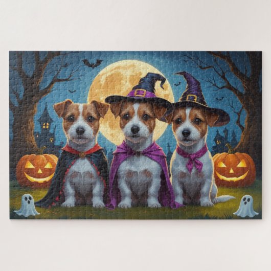 Jack Russell Dogs Pumpkin Halloween Funny Puzzle (Horizontal)