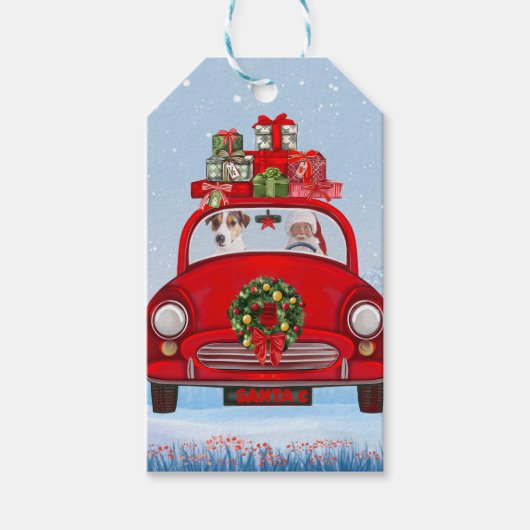 Jack Russell fährt mit dem Weihnachtsmann in Auto Geschenkanhänger (Vorderseite)