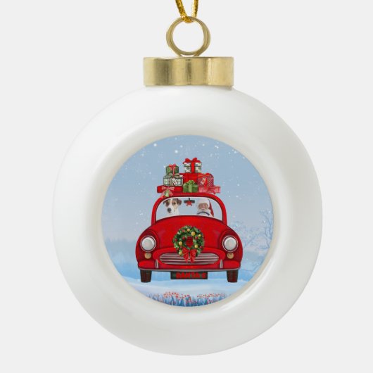 Jack Russell fährt mit dem Weihnachtsmann in Auto Keramik Kugel-Ornament (Vorderseite)