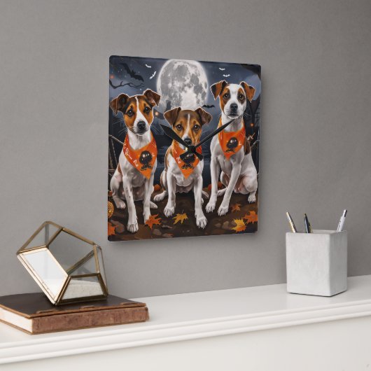 Jack Russell Halloween Spooky Quadratische Wanduhr (Büro)