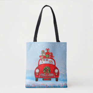 Jack Russell Hund im Auto mit dem Weihnachtsmann Tasche
