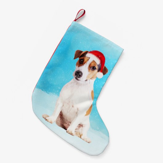 Jack Russell Hund im Schnee sitzen mit Weihnachtsm Kleiner Weihnachtsstrumpf (Vorderansicht (hängend))