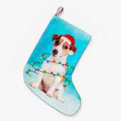 Jack Russell Hund in Schnee mit Weihnachtsmannmütz Kleiner Weihnachtsstrumpf (Vorderansicht (hängend))
