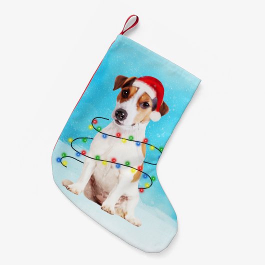 Jack Russell Hund in Schnee mit Weihnachtsmannmütz Kleiner Weihnachtsstrumpf (Vorderansicht (hängend))