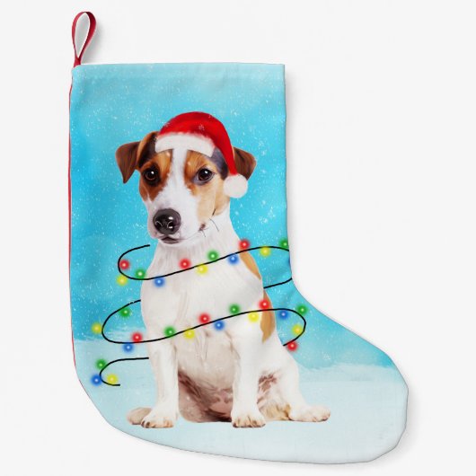 Jack Russell Hund in Schnee mit Weihnachtsmannmütz Kleiner Weihnachtsstrumpf (Vorderseite)