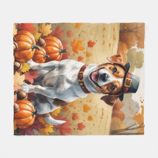 Jack Russell im Herbst lässt Erntedank Kunst Fleecedecke (Vorderseite (Horizontal))