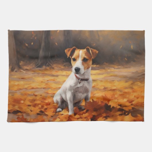 Jack Russell im Herbst Leaves Fall Inspiriert Geschirrtuch (Horizontal)