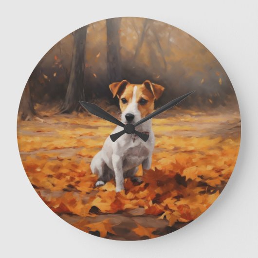 Jack Russell im Herbst Leaves Fall Inspiriert Große Wanduhr (Vorderseite)