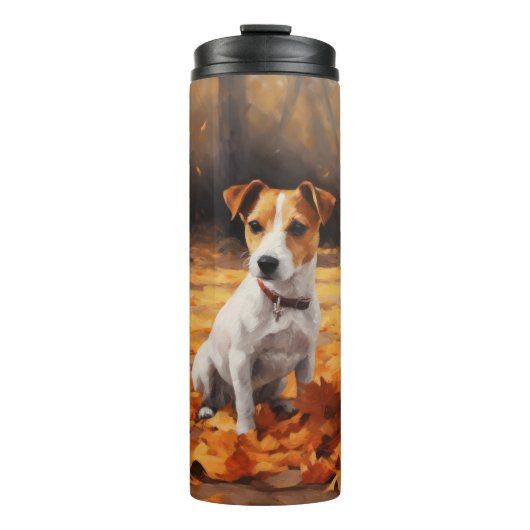 Jack Russell im Herbst Leaves Fall Inspiriert Thermosbecher (Vorderseite)