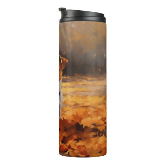 Jack Russell im Herbst Leaves Fall Inspiriert Thermosbecher (Nach rechts gedreht)