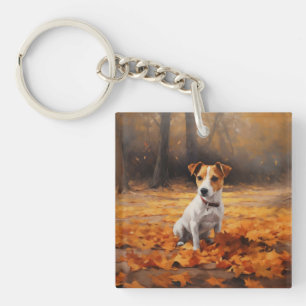 Jack Russell im Herbstlaub Fall Inspiriert Schlüsselanhänger