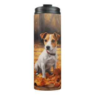Jack Russell im Herbstlaub Fall Inspiriert Thermosbecher
