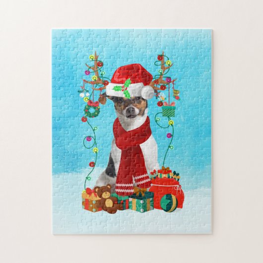 Jack Russell im Schnee mit Weihnachtsgeschenken Puzzle (Vertikal)