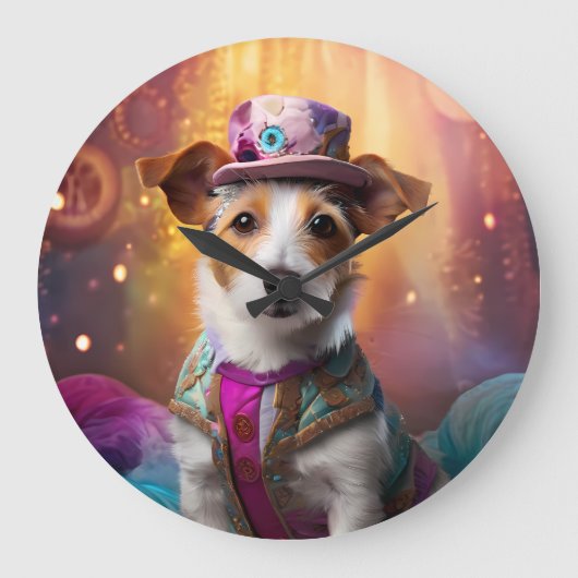 Jack Russell in farbenfrohen Kostümen Große Wanduhr (Vorderseite)