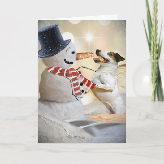 Jack Russell isst Snowmans Nase Feiertagskarte (Vorderseite)