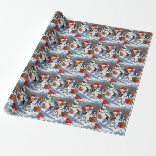 Jack Russell läuft im Schnee mit Weihnachtsmütze Geschenkpapier