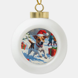 Jack Russell läuft im Schnee mit Weihnachtsmütze Keramik Kugel-Ornament