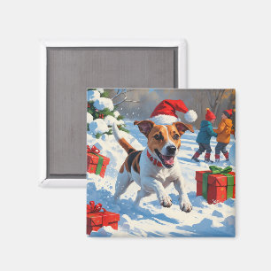 Jack Russell läuft im Schnee mit Weihnachtsmütze Magnet