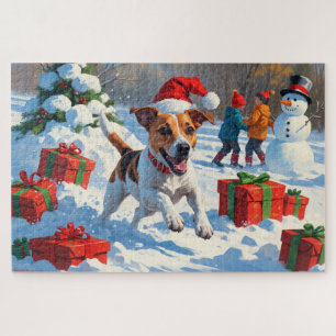 Jack Russell läuft im Schnee mit Weihnachtsmütze Puzzle