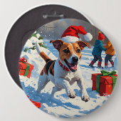 Jack Russell läuft in Snow mit Weihnachtsmütze Button (Vorne & Hinten)