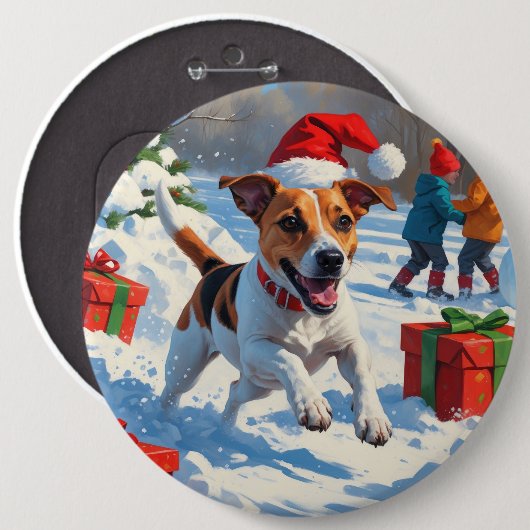 Jack Russell läuft in Snow mit Weihnachtsmütze Button (Vorne & Hinten)