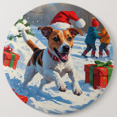 Jack Russell läuft in Snow mit Weihnachtsmütze Button (Vorderseite)