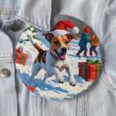 Jack Russell läuft in Snow mit Weihnachtsmütze Button (Beispiel)