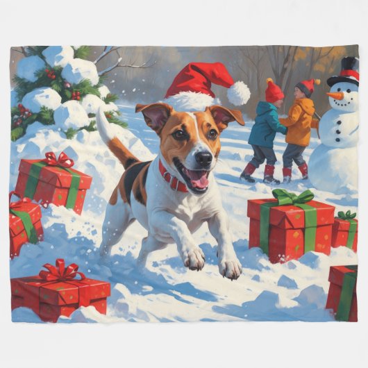 Jack Russell läuft in Snow mit Weihnachtsmütze Fleecedecke (Vorderseite (Horizontal))