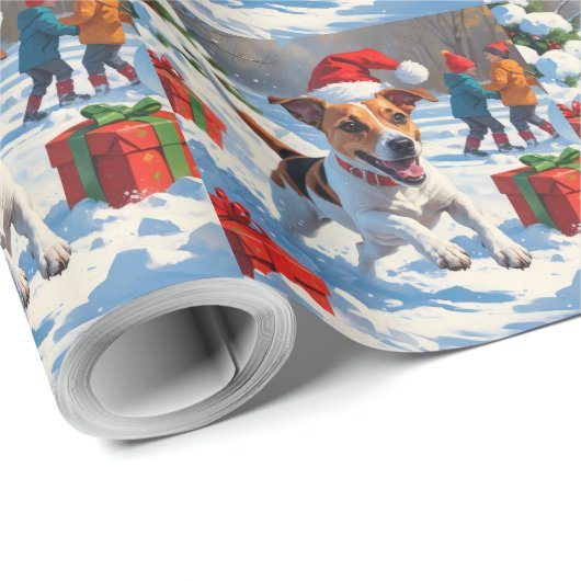 Jack Russell läuft in Snow mit Weihnachtsmütze Geschenkpapier (Rolleneckpunkt)