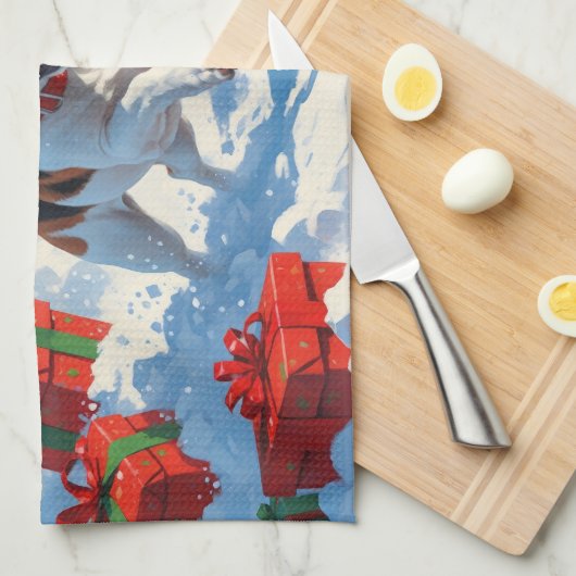 Jack Russell läuft in Snow mit Weihnachtsmütze Geschirrtuch (Viertel Falte)