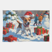 Jack Russell läuft in Snow mit Weihnachtsmütze Geschirrtuch (Horizontal)