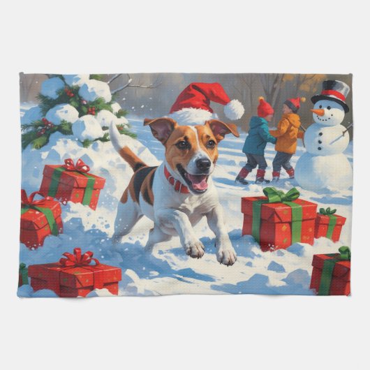 Jack Russell läuft in Snow mit Weihnachtsmütze Geschirrtuch (Horizontal)