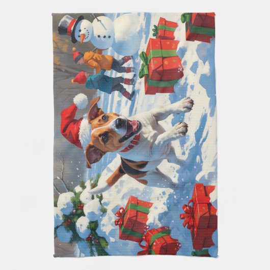 Jack Russell läuft in Snow mit Weihnachtsmütze Geschirrtuch (Vertikal)