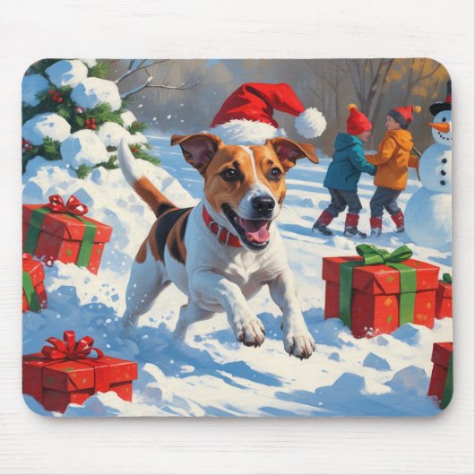 Jack Russell läuft in Snow mit Weihnachtsmütze Mousepad (Vorne)