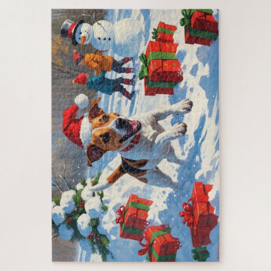 Jack Russell läuft in Snow mit Weihnachtsmütze Puzzle (Vertikal)
