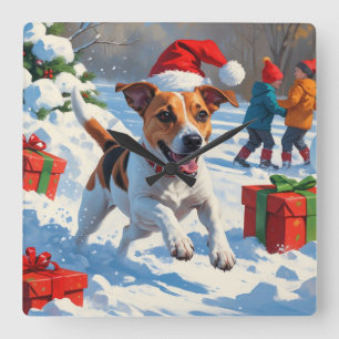 Jack Russell läuft in Snow mit Weihnachtsmütze Quadratische Wanduhr