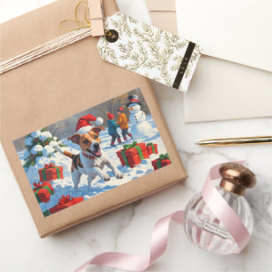 Jack Russell läuft in Snow mit Weihnachtsmütze Rechteckiger Aufkleber