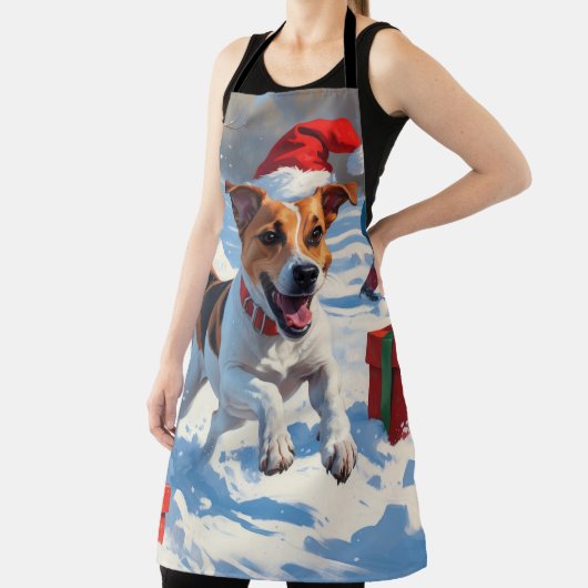 Jack Russell läuft in Snow mit Weihnachtsmütze Schürze (InSitu)