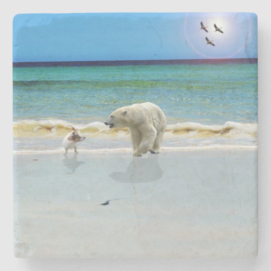 Jack Russell Meet Polar Bear, Stone Untersetzer (Vorderseite)