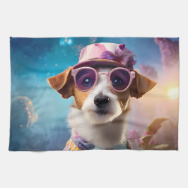 Jack Russell, rosa Brille und rosa Hut Geschirrtuch