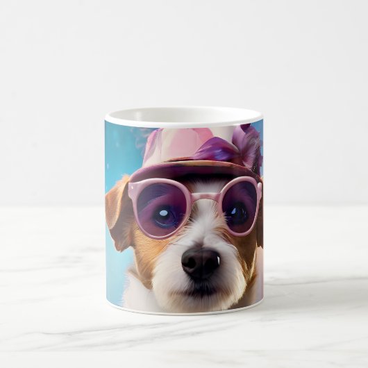 Jack Russell, rosa Brille und rosa Hut Kaffeetasse (Mittel)